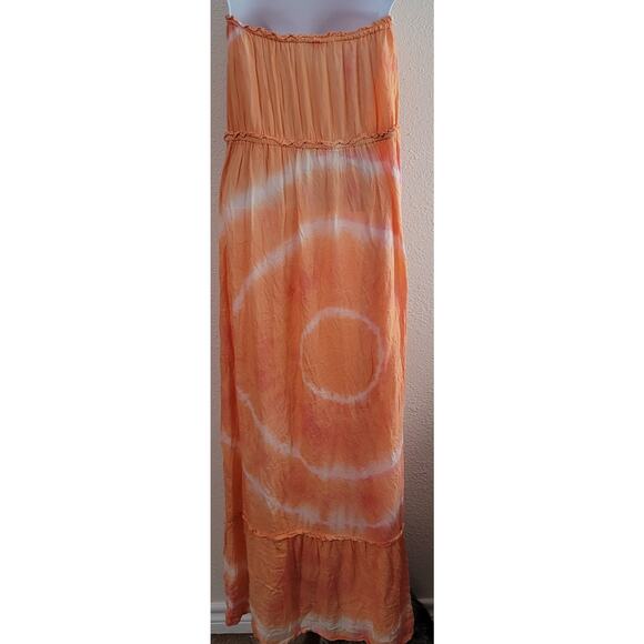 En Creme Orange White Tie Dyed Strapless Maxi Dress S Boho Flowy Drawstring Soft - Picture 3 of 4